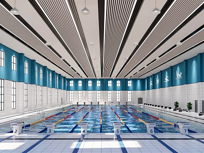 Indoor Swimming Pool With Blue Walls White Tiles Striped Ceiling And Lane Markers 3d model