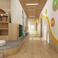 Sunlit Kindergarten Interior Featuring Wooden Floor Bookshelf Green Plants And Colorful Decorations