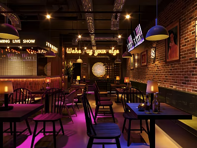 Industrial Bar Interior Design With Brick Walls Pendant Lights And Neon Signs 3d model