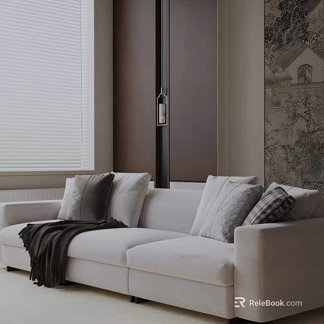 Light Three Seater Sofa With Cushions Throw Blanket Dark Cabinet Window Blinds And Decorative Painting 3d model 