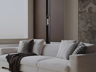 Light Three Seater Sofa With Cushions Throw Blanket Dark Cabinet Window Blinds And Decorative Painting 3d model