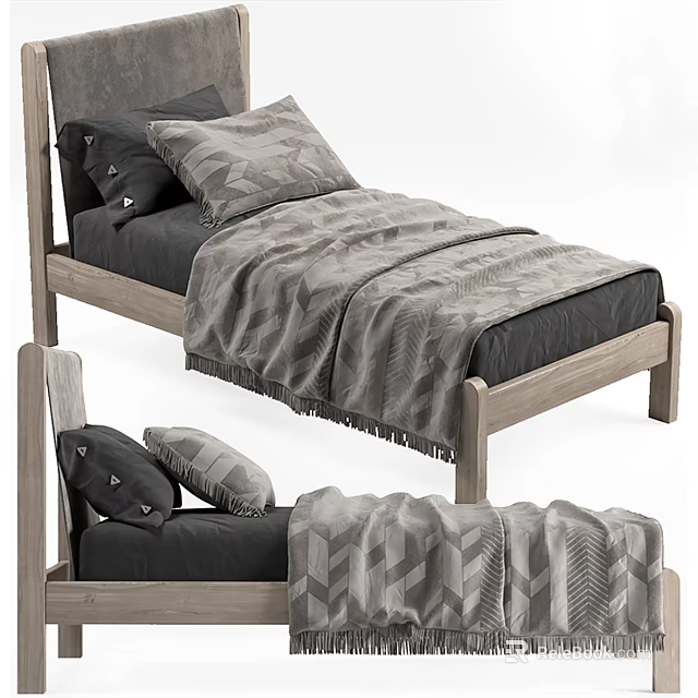 Stylish Wooden Single Bed With Gray Bedding And Patterned Blanket 3d model