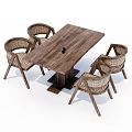 Natural Wooden Dining Table Set With Four Rattan Chairs And Rectangular Top 3d model