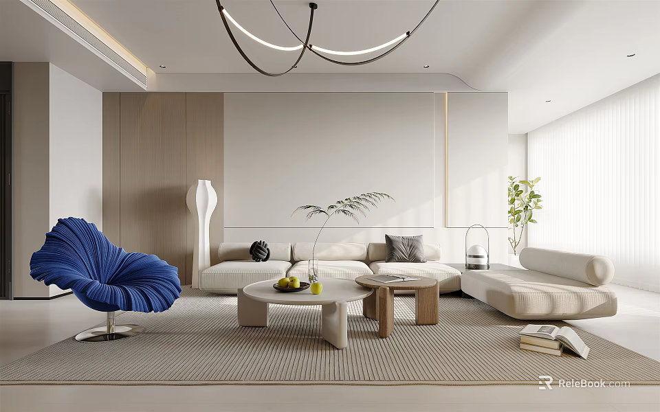 Modern Living Dining Area Interior With Sofa Coffee Table Blue Chair Chandelier And Green Plant 3d model 