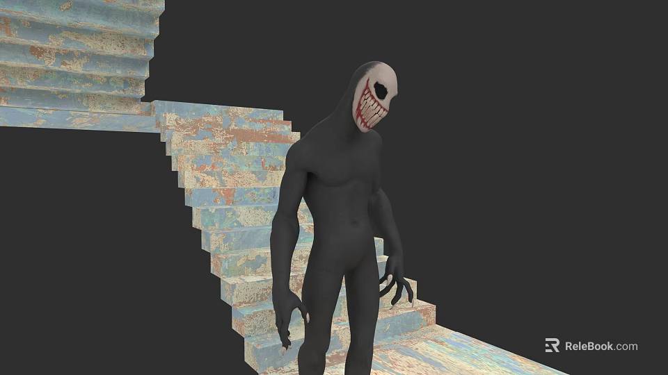 Staircase With Colorful Mottled Steps Black Humanoid Figure White Mask Red Jagged Mouth Gray Background 3d model 