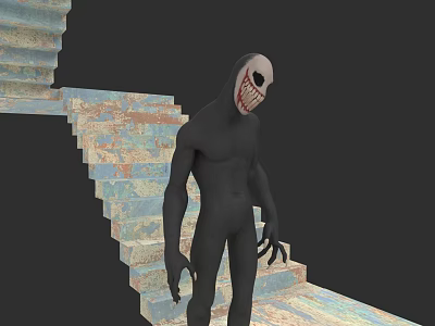 Staircase With Colorful Mottled Steps Black Humanoid Figure White Mask Red Jagged Mouth Gray Background 3d model
