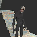 Staircase With Colorful Mottled Steps Black Humanoid Figure White Mask Red Jagged Mouth Gray Background