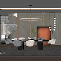 Modern Elegant Restaurant Interior With Circular Pendant Light Dining Table And Chairs 3d model