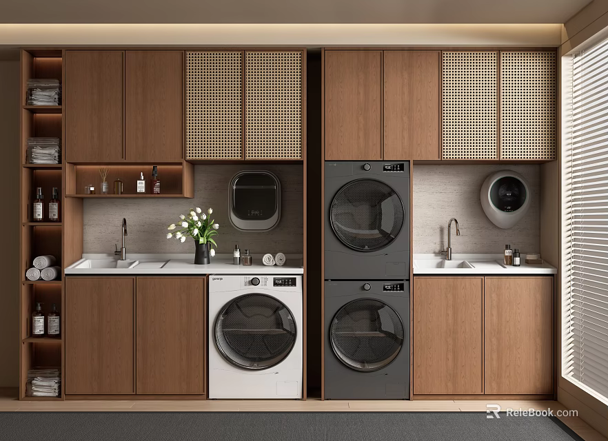 Modern Laundry Room Interior With Stacked Washers Wooden Cabinets And Sink 3d model 