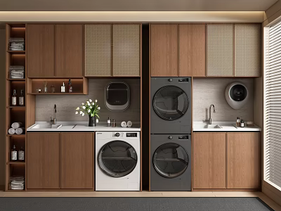 Modern Laundry Room Interior With Stacked Washers Wooden Cabinets And Sink 3d model