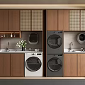 Modern Laundry Room Interior With Stacked Washers Wooden Cabinets And Sink