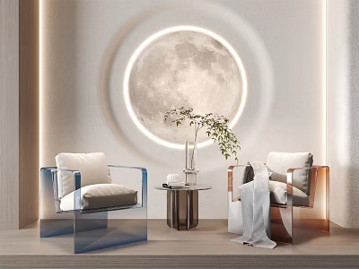 Modern Casual Sofa Set With Acrylic Armchairs Circular Moon Decor And Green Plant 3d model