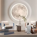 Modern Casual Sofa Set With Acrylic Armchairs Circular Moon Decor And Green Plant