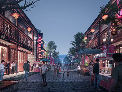 Traditional Style Commercial Street With Red Lanterns Ancient Architecture Pedestrians Shopping And Food Stalls 3d model