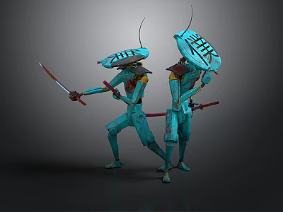 Two Teal Humanoid Creatures With Antennae Holding Swords And Shields In Combat Stance 3d model