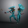 Two Teal Humanoid Creatures With Antennae Holding Swords And Shields In Combat Stance