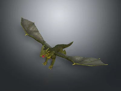 Green Scaled Dragon Game Movie Character with Red Eyes and Golden Edged Flying Wings 3d model