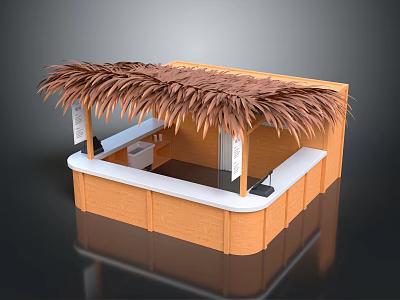 Stylish Wooden Bar Counter With Thatched Roof And White Countertop Design 3d model