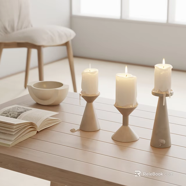 Minimalist White Candle Holders On Wooden Table With Open Book And Ceramic Bowl 3d model 
