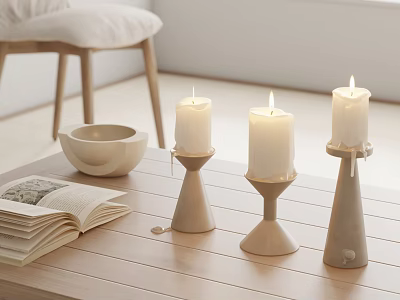 Minimalist White Candle Holders On Wooden Table With Open Book And Ceramic Bowl 3d model