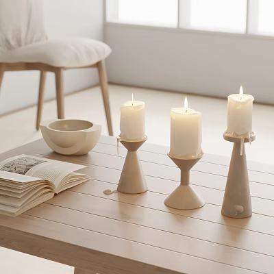 Minimalist White Candle Holders On Wooden Table With Open Book And Ceramic Bowl 3d model