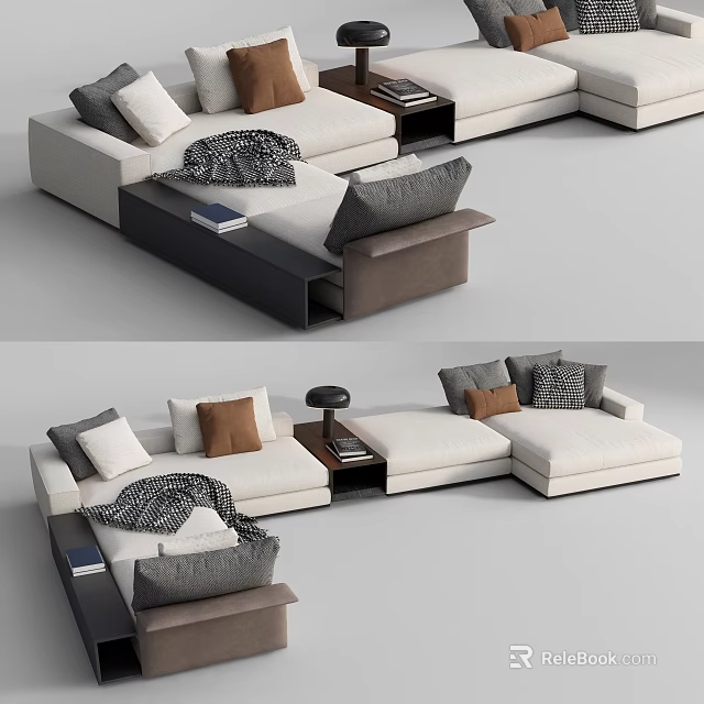 Modern Sectional Sofa With Gray Brown Cushions Throw Blanket And Side Table 3d model