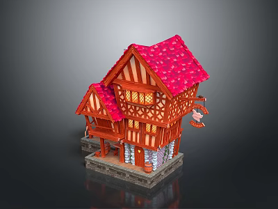 Timber Framed Cottage With Red Gabled Roof And Hanging Decoration 3d model