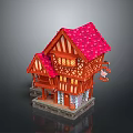 Timber Framed Cottage With Red Gabled Roof And Hanging Decoration