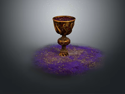 Golden Carved Cup With Purple And Golden Powder On Gray Background 3d model