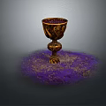 Golden Carved Cup With Purple And Golden Powder On Gray Background