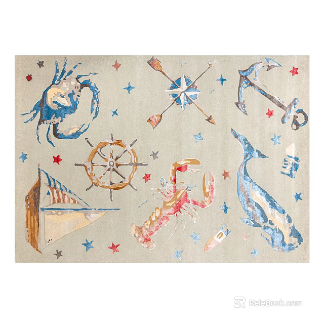 Square Rug With Nautical Design Including Crab Anchor Compass Ship Wheel And Stars 3d model 
