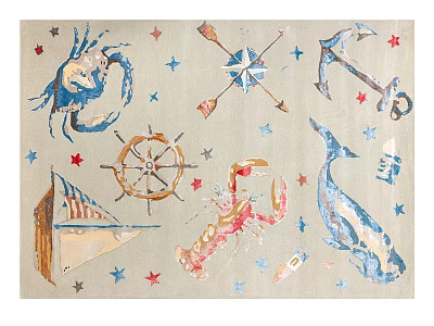 Square Rug With Nautical Design Including Crab Anchor Compass Ship Wheel And Stars 3d model