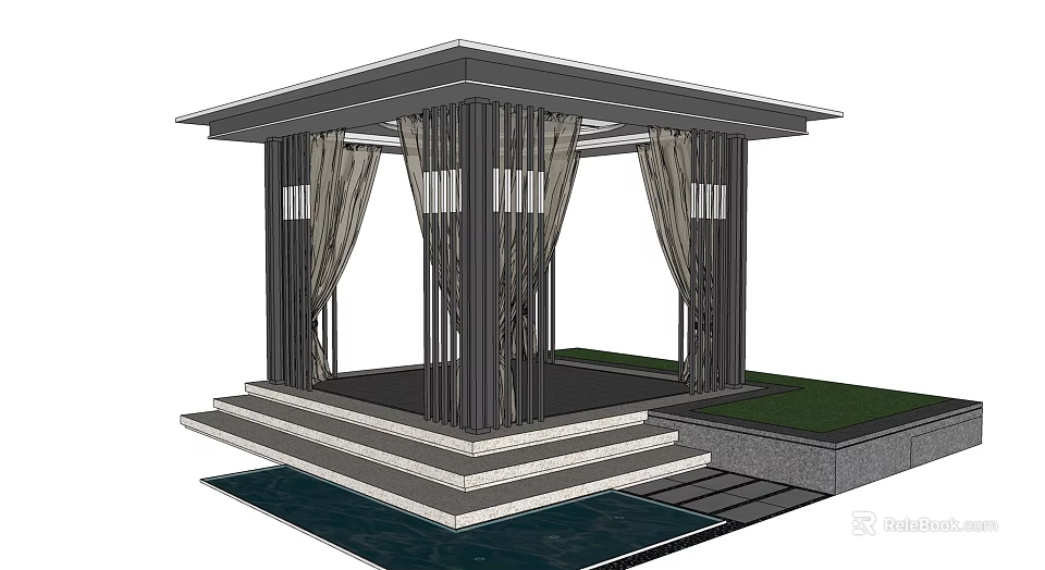 Open Air Modern Pavilion Design With Tiered Steps Columns Curtains And Pool 3d model 