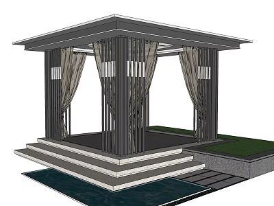 Open Air Modern Pavilion Design With Tiered Steps Columns Curtains And Pool 3d model