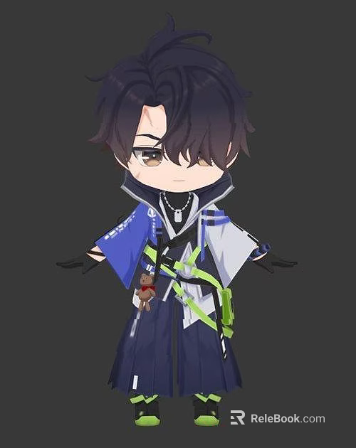 Chibi Game Anime Character With Black Purple Hair Blue White Coat And Green Straps 3d model 