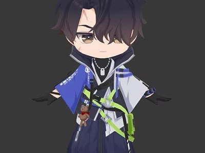 Chibi Game Anime Character With Black Purple Hair Blue White Coat And Green Straps 3d model