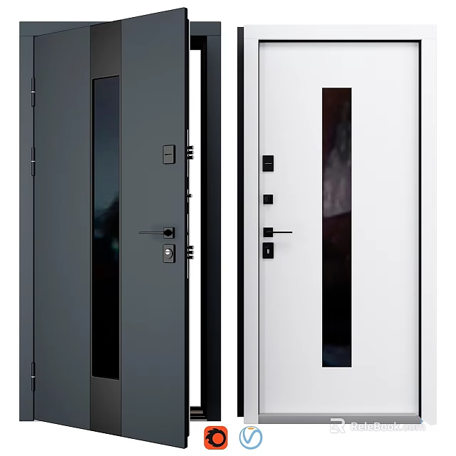 Modern Black And White Hinged Doors With Long Glass Panels And Handles 3d model 