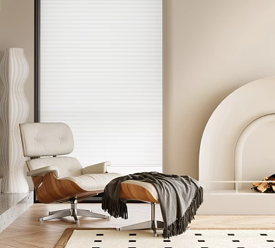 White Leisure Chair With Ottoman And Gray Blanket By Modern Fireplace And Blinds 3d model