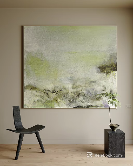 Abstract Oil Painting On Beige Wall With Chair And Plant 3d model 