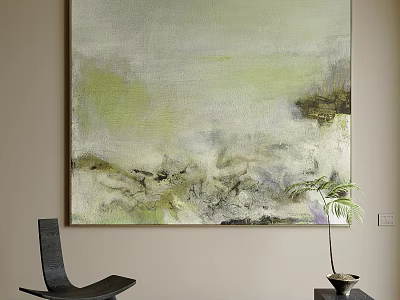 Abstract Oil Painting On Beige Wall With Chair And Plant 3d model