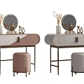 Modern Dressing Table with Round Mirror Vase Stool in Pink and Gray Design 3d model