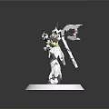 Winged Mechanical Creature Character With White Armor And Yellow Red Accents Standing On Display Base