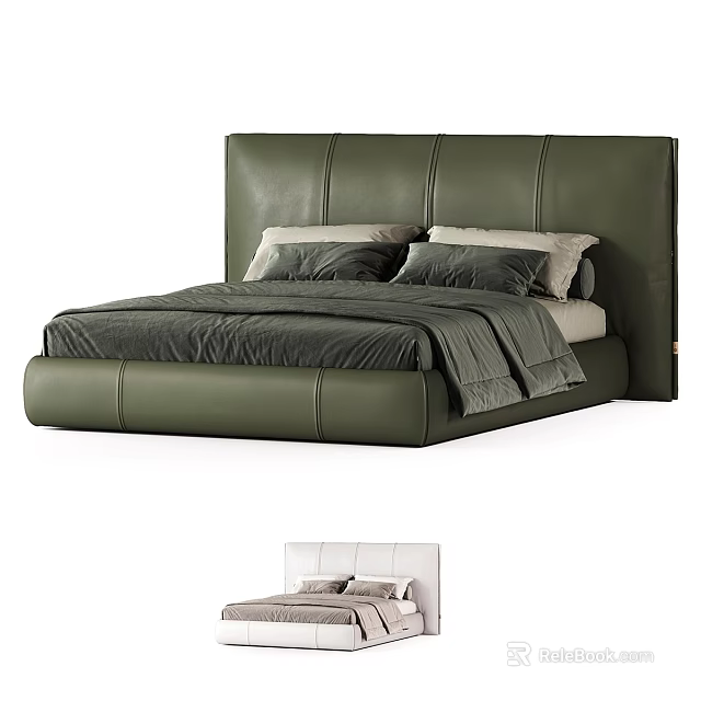 Modern Minimalist Green Leather Double Bed With Upholstered Headboard And Grey Bedding 3d model 