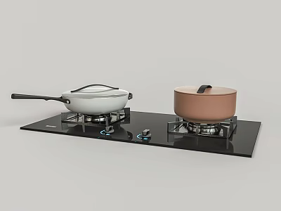 Modern Black Gas Stove With White Frying Pan And Brown Lidded Kitchen Cookware 3d model