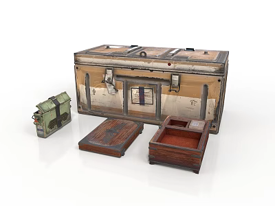 Vintage Wooden Storage Trunks With Small Decorative Boxes And Green Container For Home 3d model