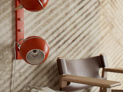 Red Wall Mounted Sconce On Striped Textured Wall With Wooden Leather Chair 3d model