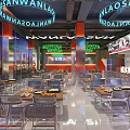 Modern Roadway Restaurant Interior With Neon Lights Vintage Posters Dining Tables And Food