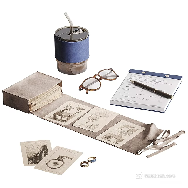 Vintage Ornament Decor Set With Glasses Notebook Pen Illustration Cards And Retro Home Decor Pieces 3d model 