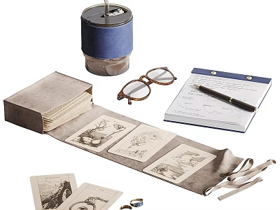 Vintage Ornament Decor Set With Glasses Notebook Pen Illustration Cards And Retro Home Decor Pieces 3d model