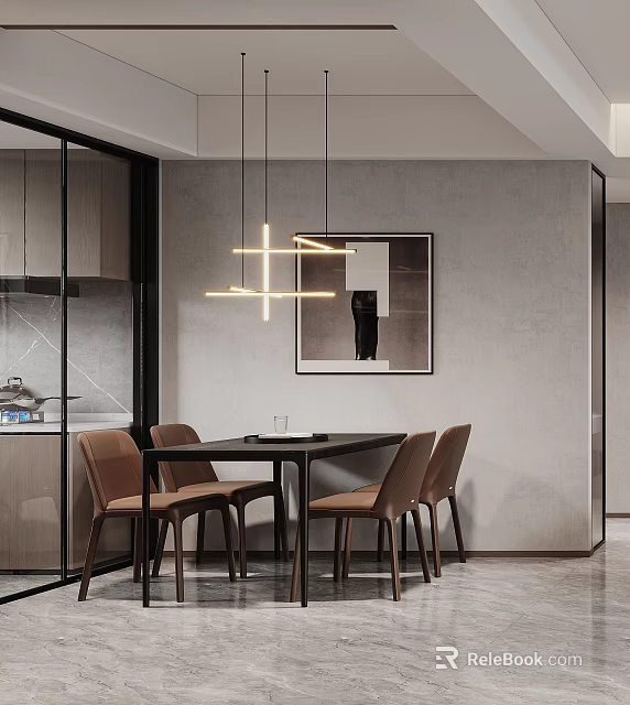 Modern Restaurant Interior With Gray Wall Artwork Pendant Lights Dining Table And Chairs 3d model
